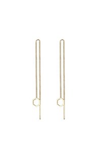 Boucles d'oreilles dorées avec des chaînes allongées présentant des accents hexagonaux et des détails de tige droite, finition polie, design minimaliste.