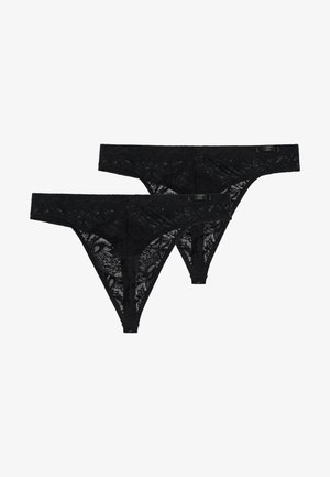 Zwarte kanten strings met bloemenpatronen, een soepele tailleband en een smal ontwerp van de bandjes. Twee stukken samen weergegeven.