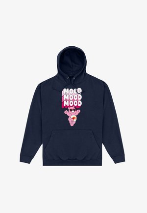 Granatowa bluza z kapturem z centralną grafiką przedstawiającą słowo "MOOD" w różowym i białym, z towarzyszącym rysunkowym misiem. Design z kieszenią z przodu.