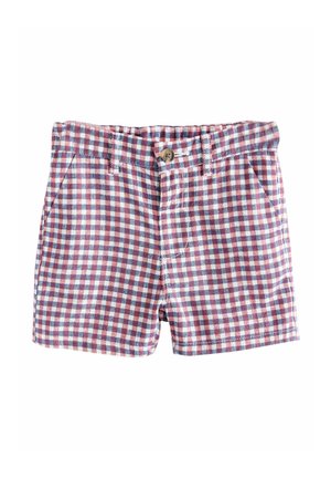 Pantaloni scurți în carouri roșii, albe și albastre pentru copii, cu nasture în față, bucle pentru curea și buzunare laterale, așezați pe o suprafață albă.
