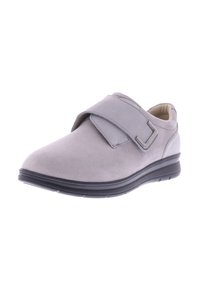 Grey suede shoe with a wide strap closure and a black rubber sole. Features a rounded toe and smooth texture. Compact design.