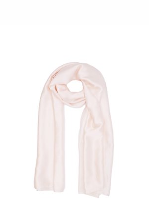 Sciarpa rosa chiaro realizzata in tessuto morbido, con una texture soft e una forma allungata, con una finitura leggermente lucida. Nessun motivo visibile.