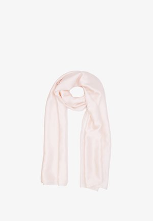 Sciarpa rosa chiaro realizzata in tessuto morbido, con una texture soft e una forma allungata, con una finitura leggermente lucida. Nessun motivo visibile.