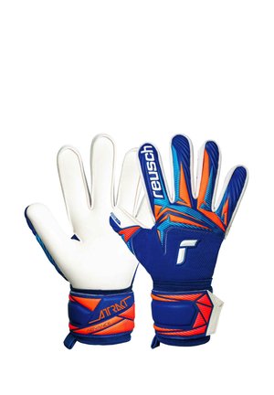 Pair of blue, orange, and white Reusch goalkeeper gloves with padded wrist straps and white grip palms, shown open and back sides visible.