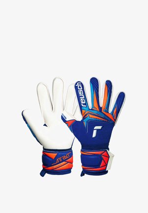 Coppia di guanti da portiere Reusch blu, arancione e bianco con cinturini imbottiti per il polso e palmi bianchi antiscivolo, mostrati aperti con il retro visibile.