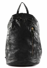 Zaino in pelle nera con forma arrotondata, dotato di manico superiore, due tasche con cerniera e una superficie liscia e strutturata.