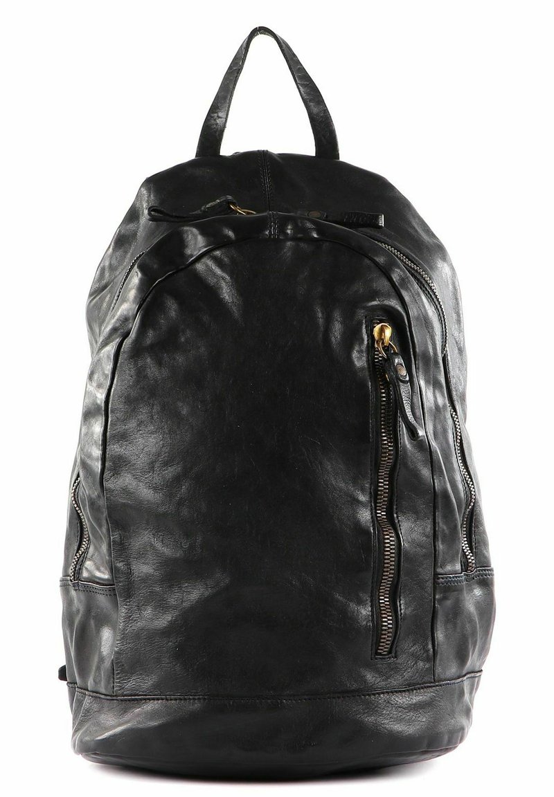 Zaino in pelle nera con forma arrotondata, dotato di manico superiore, due tasche con cerniera e una superficie liscia e strutturata.
