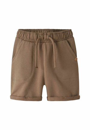 Brune bomuldsblandede shorts med snor i taljen, to frontlommer og opsmøgede kanter. Glat tekstur, afslappet design.