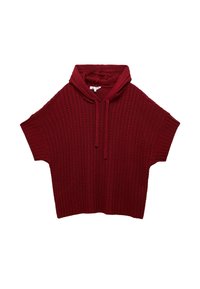 Kortebloezem, bordeauxrode hoodie met een gestructureerd, ribgebreid patroon. Voorzien van een koord en een losse pasvorm. Zacht, gebreid materiaal.