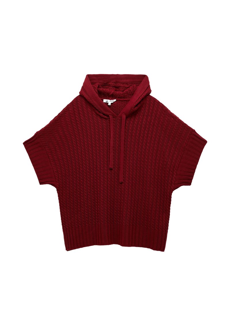 Kortebloezem, bordeauxrode hoodie met een gestructureerd, ribgebreid patroon. Voorzien van een koord en een losse pasvorm. Zacht, gebreid materiaal.