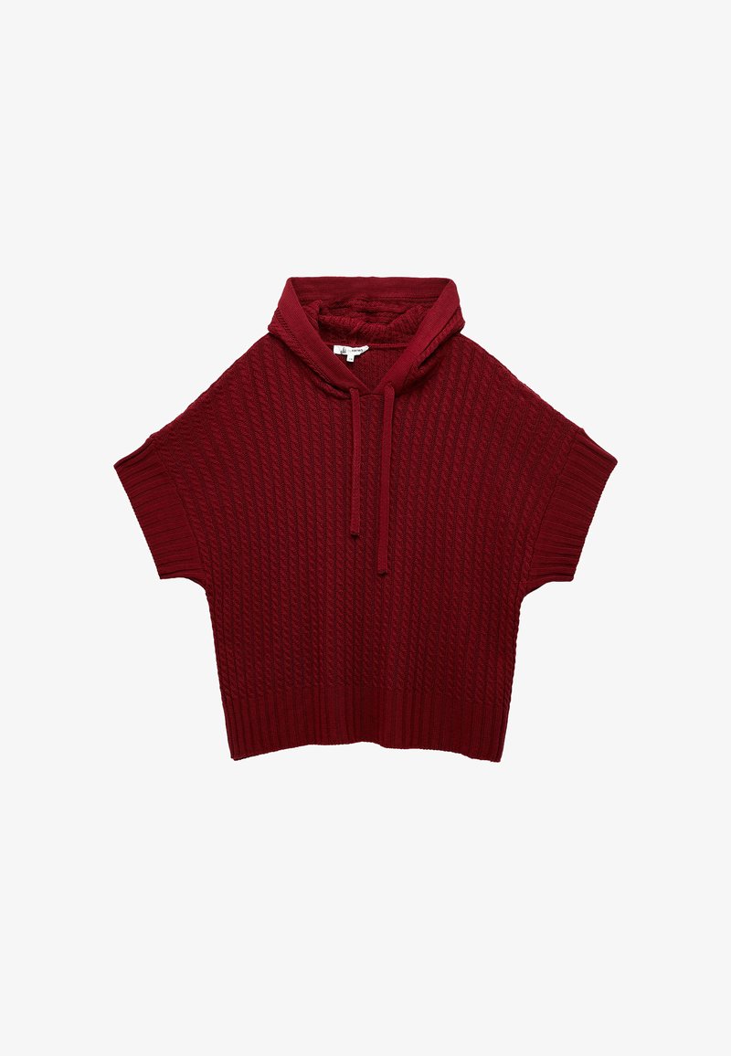Kortebloezem, bordeauxrode hoodie met een gestructureerd, ribgebreid patroon. Voorzien van een koord en een losse pasvorm. Zacht, gebreid materiaal.