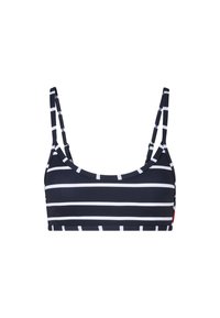 Marineblauwe en witte gestreepte bikini-top met dunne verstelbare bandjes, een ronde hals en een effen achterkant met een klein logodetail.
