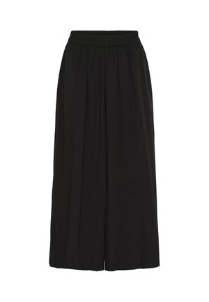 Black cropped trousers with an elastic waistband, pleated front, and flowing fabric. Smooth texture; no visible hardware or patterns.
