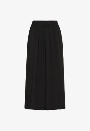 Black cropped trousers with an elastic waistband, pleated front, and flowing fabric. Smooth texture; no visible hardware or patterns.