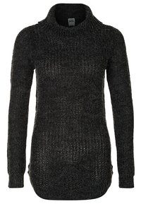 Pull en maille gris foncé à manches longues avec un col montant et un ourlet légèrement arrondi, fabriqué par Vero Moda.