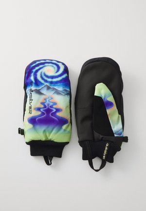 Colorful mittens featuring a vibrant swirl pattern in blue, green, and purple on one side; black, textured fabric on the other.