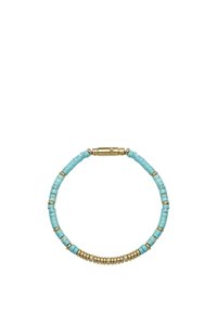 Bracciale a perline turchesi con piccoli accenti dorati e una chiusura sicura. Presenta perline cilindriche e una texture liscia.