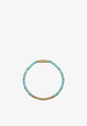 Bracciale a perline turchesi con piccoli accenti dorati e una chiusura sicura. Presenta perline cilindriche e una texture liscia.