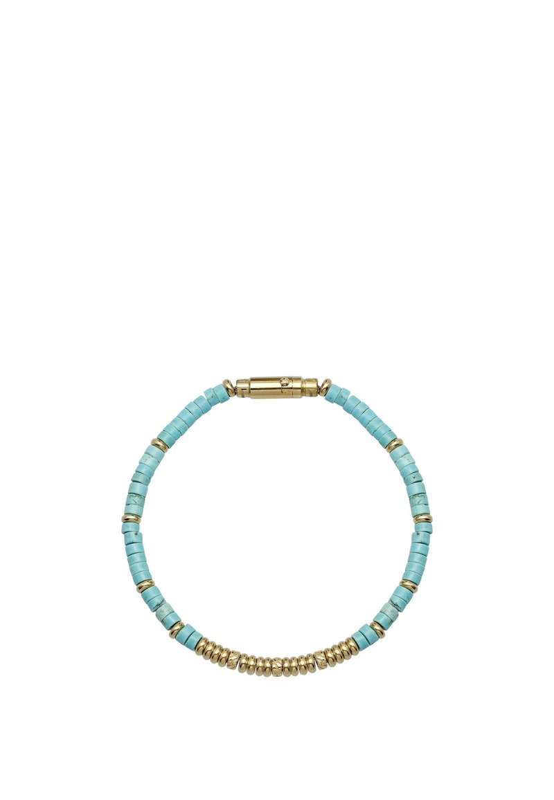 Bracciale a perline turchesi con piccoli accenti dorati e una chiusura sicura. Presenta perline cilindriche e una texture liscia.