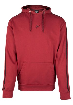 Rode hoodie met een voorzak, zwarte zijstrepen en een trekkoord capuchon. Heeft een logo op de borst en geribbelde manchetten.