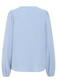 Blouse bleu clair à manches longues en tissu doux et texturé. Présente des détails froncés aux épaules et un col rond.