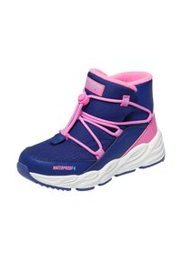 Lila und rosa wasserdichte Stiefel mit einem strukturierten, synthetischen Obermaterial, elastischen Schnürsenkeln, gepolstertem Schaft und einer weißen Sohle mit gemustertem Profil.