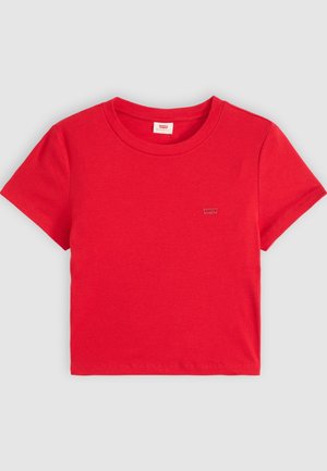 Rotes Baumwoll-T-Shirt mit geripptem Stoff, kurzen Ärmeln und rundem Ausschnitt. Verfügt über ein kleines Markenlogo auf der linken Brust.