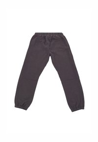 Gray sweatpants made from cotton blend, featuring an elastic waistband, two side pockets, and tapered cuffs. Simple, relaxed design.