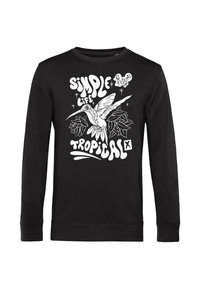 Sort sweatshirt med hvid grafisk print af en kolibri omgivet af blade og tekst: "SIMPLE LIFE" og "TROPICAL." Standard rund hals.