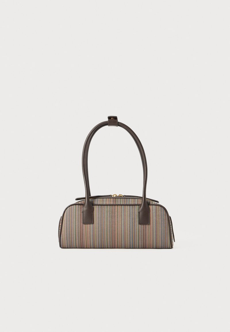 Borsa a strisce realizzata in tessuto con dettagli in pelle marrone. Ha una chiusura a zip e due manici resistenti per il trasporto.
