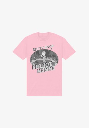 Rosa t-shirt med et gråskala grafisk billede af en karakter med teksten "BETTY BOOP i RED HOT MAMMA" i fed, stiliseret skrifttype.