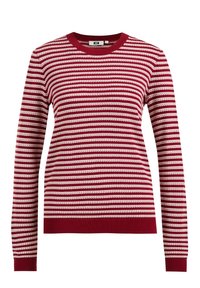 Röd och vit randig tröja med rund halsringning, långa ärmar samt ribbade muddar och nederkant. Tillverkad av stickat tyg med ett texturerat mönster.