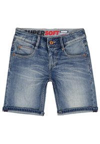 Jeansshorts i ljusblått med en urtvättad finish, sydda fickor och uppvikta kanter. Har ett tryckt svart midjeband med texten "SUPERSOFT".