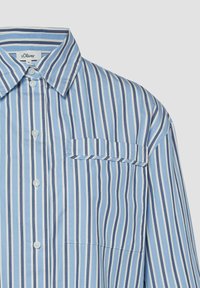 Modra in bela sivo navpično črtasta srajca z gumbi, z žepom na prsih in ovratnikom, oznaka s.Oliver, velikost 36.