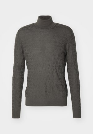 Maglione grigio a collo alto con un design testurizzato caratterizzato da un logo del brand ripetuto. Maniche lunghe con orlo aderente e collo a coste sottile.