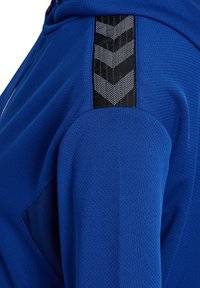 Felpa sportiva blu con tessuto testurizzato, pannello spalla nero a contrasto con motivo a chevron argentato e cappuccio con coulisse.