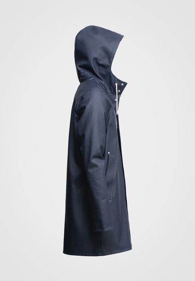 Navy blue raincoat with hood, white drawstrings, front pockets, and long sleeves shown in side profile on plain background.