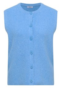 Cardigan sans manches bleu clair en maille côtelée avec encolure ronde et six boutons sur le devant.