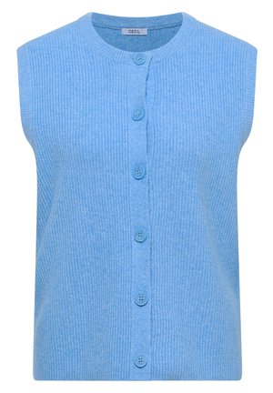 Ärmellose, hellblaue, gerippte Strickjacke mit rundem Ausschnitt und sechs vorderen Knöpfen.