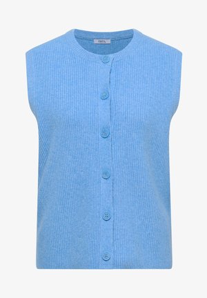 Hihaton vaaleansininen ribbineulottu neuletakki pyöreällä pääntiellä ja kuudella edessä olevalla napilla.