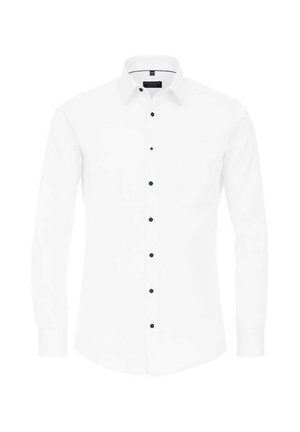 Weißes Langarmhemd mit einem Button-Down-Kragen, ausgestattet mit dunkelblauen Knöpfen und einer Brusttasche, aus glattem Stoff gefertigt.