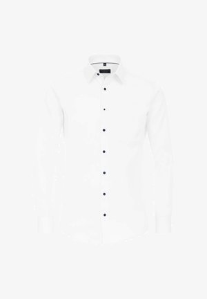 Weißes Langarmhemd mit einem Button-Down-Kragen, ausgestattet mit dunkelblauen Knöpfen und einer Brusttasche, aus glattem Stoff gefertigt.