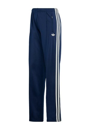 Navy blue athletic pants made from a smooth, lightweight fabric, featuring three white side stripes and a zippered side pocket.