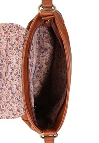 Borsa a tracolla in pelle marrone con una fodera interna a motivi floreali, dotata di una tasca con zip e un design strutturato.