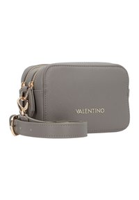 Gray Valentino crossbody bag with textured synthetic material, gold hardware, zip closure, and detachable strap featuring heart-shaped accent.