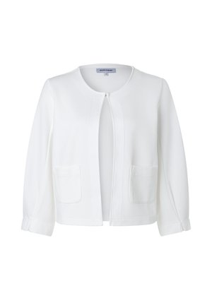 Weißer langärmliger Cardigan mit offenem Vorderteil, Rundhalsausschnitt und zwei Fronttaschen, entworfen für Größe 36.