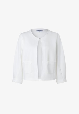 Weißer langärmliger Cardigan mit offenem Vorderteil, Rundhalsausschnitt und zwei Fronttaschen, entworfen für Größe 36.