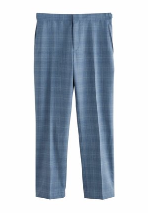 Light blue plaid trousers featuring two side pockets, a tailored fit, and a smooth fabric texture with subtle vertical lines.