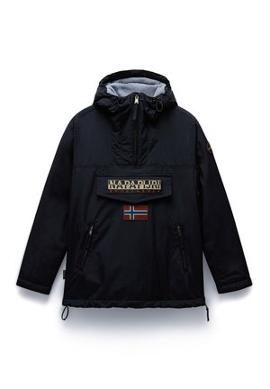 Sort hættetrøje med en frontlomme, prydet med et iøjnefaldende broderet logo og norsk flagg-detail, lavet af glat, vejrbestandigt stof.