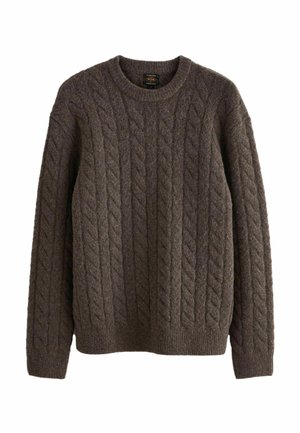 Brauner, strukturierter Wollpullover im Kabelstrickmuster, mit Rundhalsausschnitt und langen Ärmeln mit gerippten Bündchen und Saum.